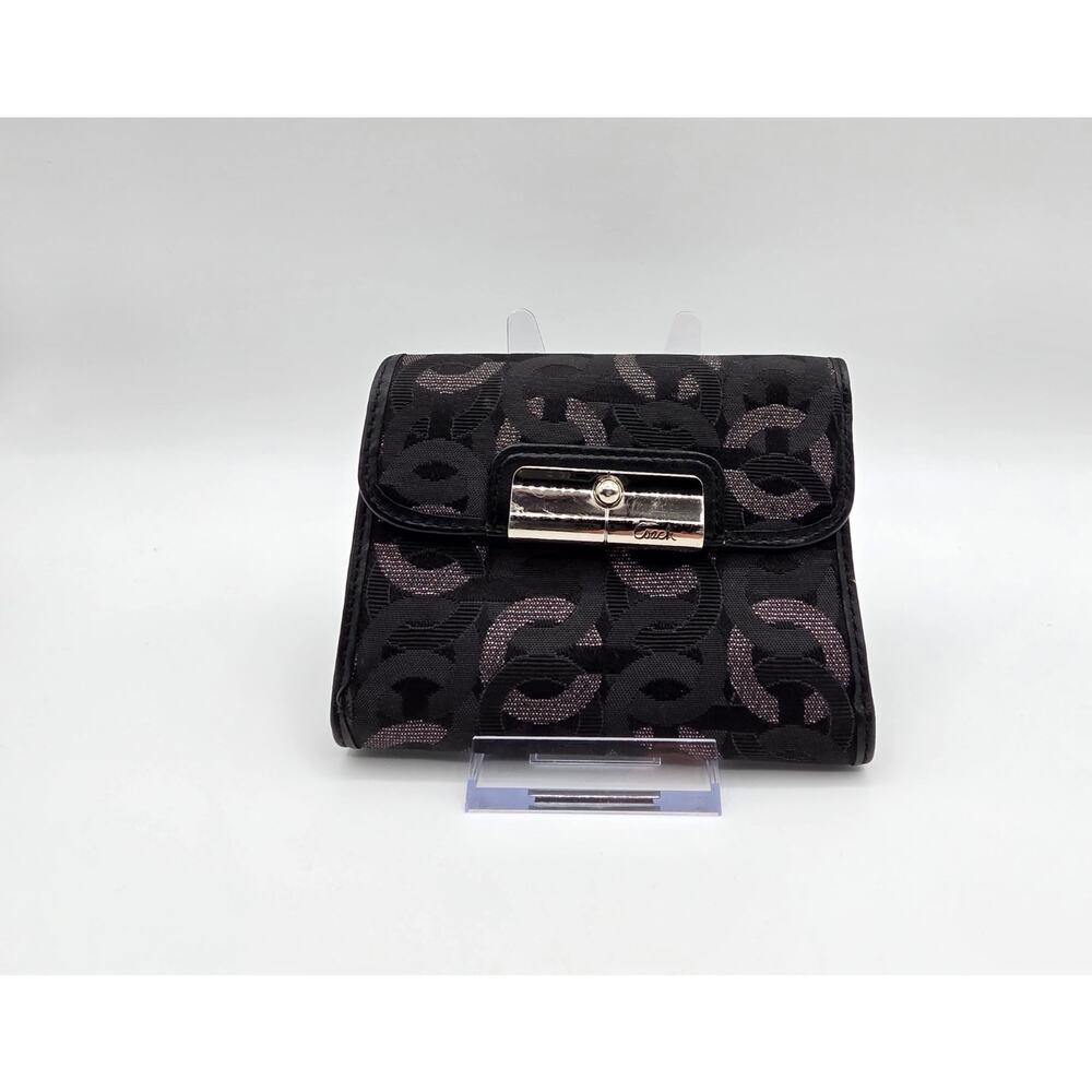 COACH Kristin OP Art Wallet Black Silver Signature Jacquard Canvas Snap Trifold